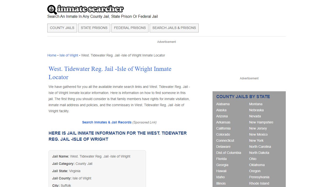 West. Tidewater Reg. Jail -Isle of Wright Inmate Locator - Inmate Searcher